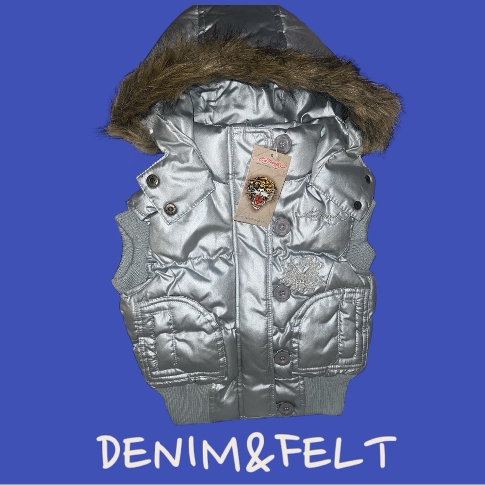 NEW Ed Hardy Metallic Silver Puffer Vest Faux Fur Hood Tiger Zipper Y2K Size 2